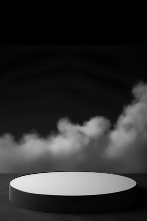 Black podium in dark room with smoke. 3D Rendering.の素材