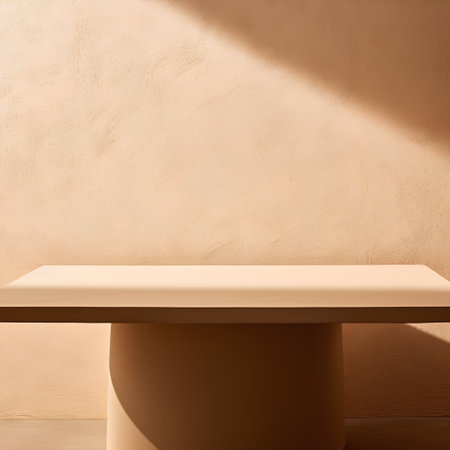 Empty beige shelf on brown wall background. 3d render illustrationの素材