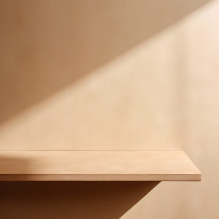 Empty top of wooden shelf on wall background. For product display.の素材