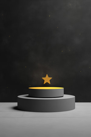 Black podium with gold star on black background. 3d rendering.の素材