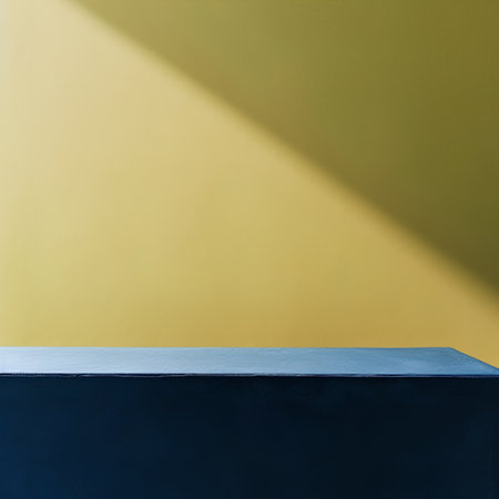 Abstract minimalistic background. Empty dark blue shelf on yellow wall. 3d renderの素材