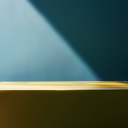 golden podium on blue wall, 3d render, square imageの素材