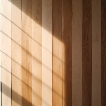 Wooden wall with sunlight and shadow. 3d render illustration.の素材