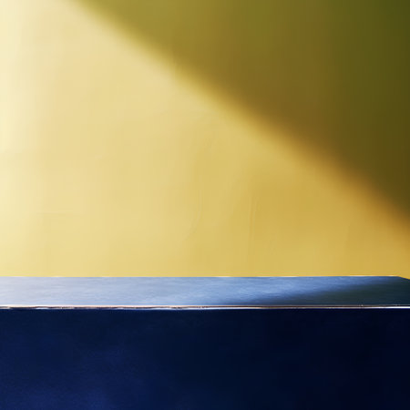 Blue pedestal on a yellow background. 3d rendering, mock upの素材
