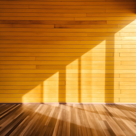 Wooden wall and wooden floor in a room with sunlight from windowの素材
