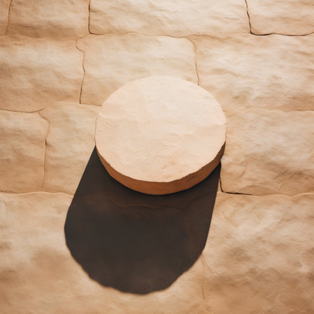 Round stone podium on the sandstone background with shadow from the sunの素材