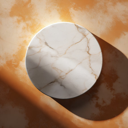 3d render of white marble plate with shadow on orange background.の素材