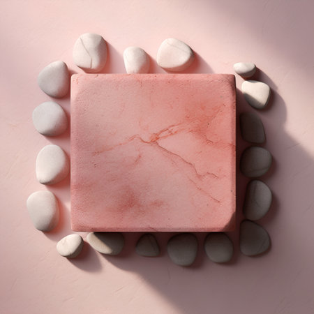 Pink stone with pebbles on pastel pink background. Flat lay, top viewの素材