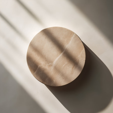 Round wooden podium on white background with shadows. Flat lay, top view.の素材