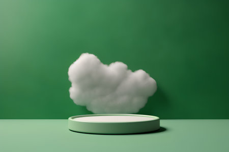 3d rendering of a white cloud on a green podium in the studioの素材