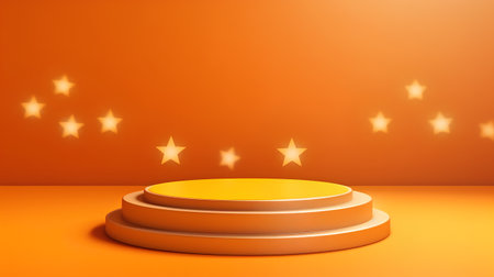 Golden podium on orange background with stars. 3d render. Award ceremony concept.の素材