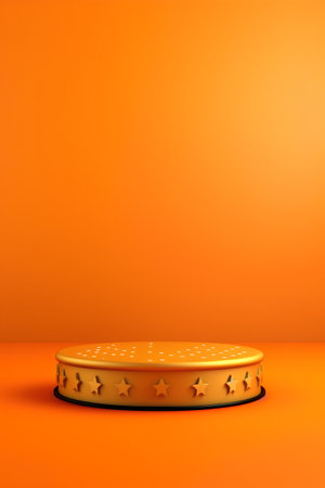 Golden podium with stars on orange background. 3d render illustration.の素材