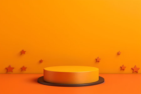 3d render of orange podium on orange background with star shapes.の素材