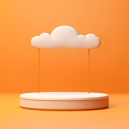 3d rendering of white cloud and round podium on orange background.の素材