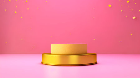 Golden podium on pink background with confetti. 3d render.の素材