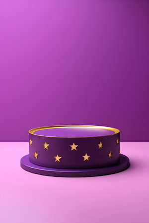 Purple podium with gold stars on purple background. 3d renderの素材
