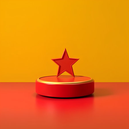 Red podium with star on orange background. 3d render. Minimal concept.の素材