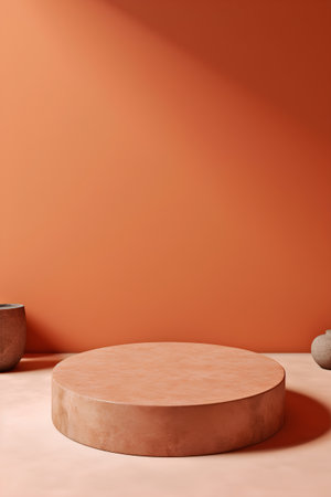3d render, abstract orange background with podium for product display.の素材