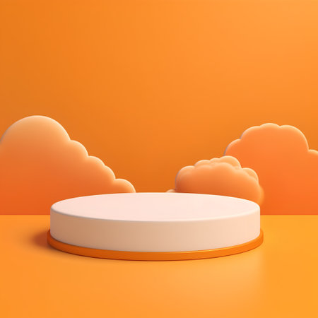 3d render of white podium with clouds and sky in orange backgroundの素材