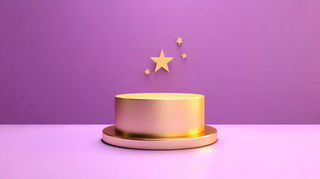 3d render of golden podium with star and sparkles on purple backgroundの素材
