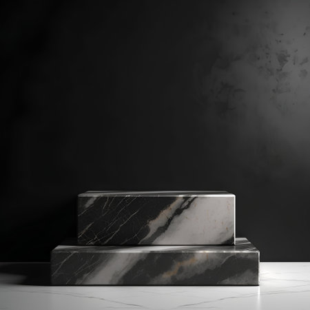 Black marble pedestal or platform on black background. 3d renderの素材