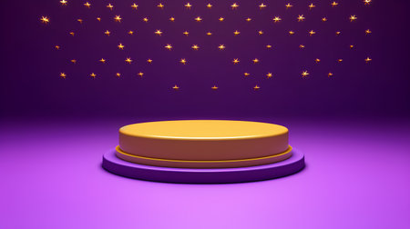 Golden podium on purple background with stars. 3d render. Abstract background.の素材
