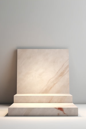 3d render of marble podium on grey background. Mockup for designの素材