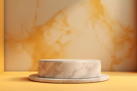 Abstract scene with marble podium on yellow background. 3d render.の素材