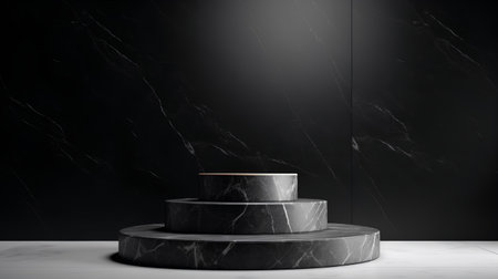 Black marble pedestal on black marble background. 3d rendering.の素材