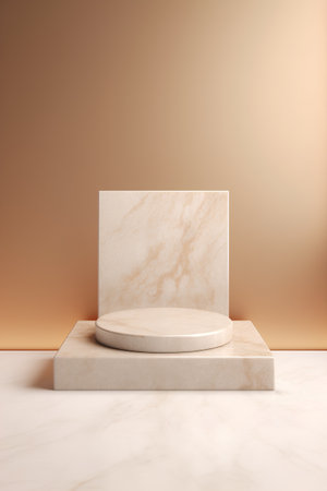 3d render of beige marble podium for product presentation. Minimalistic composition.の素材
