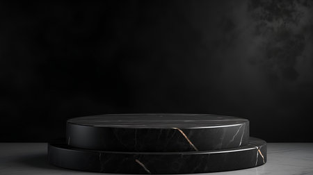 Black marble podium on a dark background. 3d rendering mock upの素材