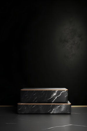 Black marble podium on dark background. Mock up, 3D Renderingの素材