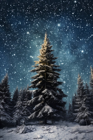Fir tree in winter forest with falling snow and starry skyの素材