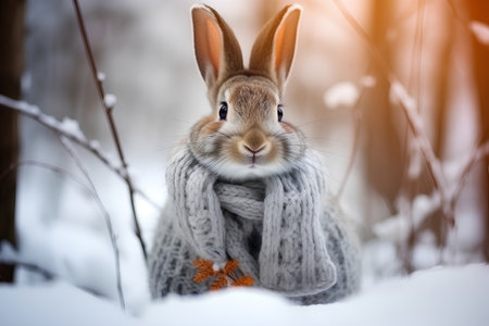 Cute rabbit wearing scarf and mittens in winter snowy forest.の素材