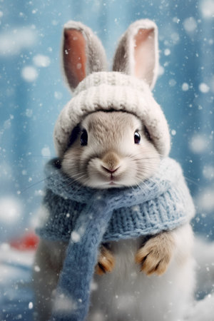 Cute bunny wearing knitted hat and scarf on winter background.の素材