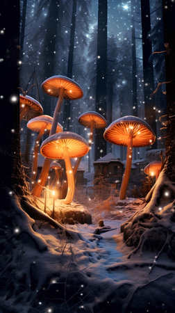 Magic mushrooms in the forest at night. Fairytale magic landscape.の素材