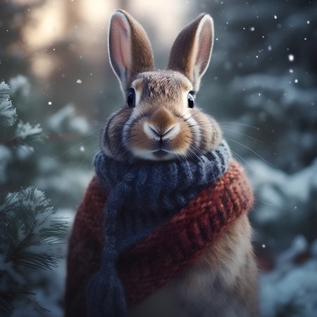 Rabbit in a scarf and scarf on a background of winter forestの素材