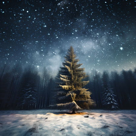 Fir tree in the winter forest with snow and starry skyの素材