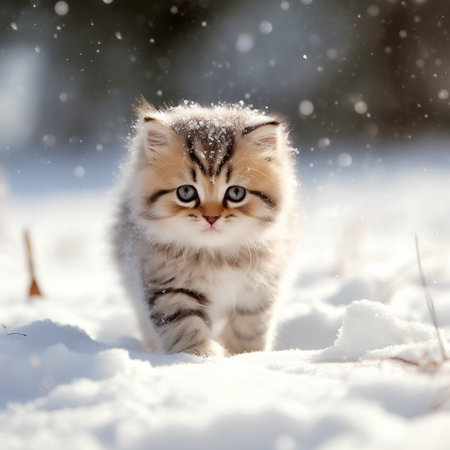 Cute kitten in the snow on a background of winter forest.の素材