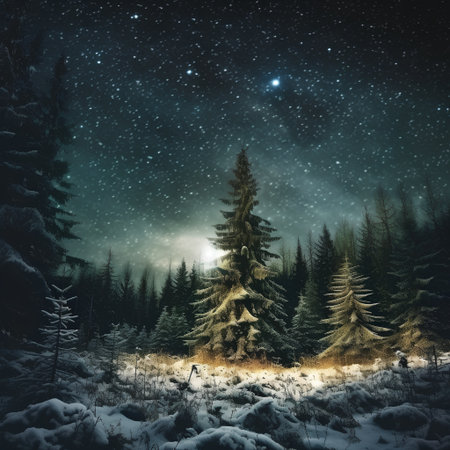 Fantastic winter landscape with snowy fir trees and starry skyの素材