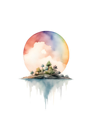 Watercolor illustration of an island in the middle of the sea.の素材