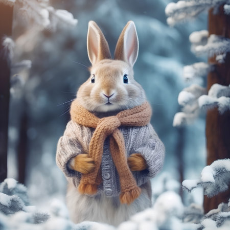 Cute rabbit wearing scarf and hat in winter forest, tonedの素材