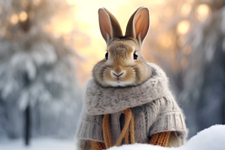 Cute little rabbit in scarf and sweater on winter nature background.の素材