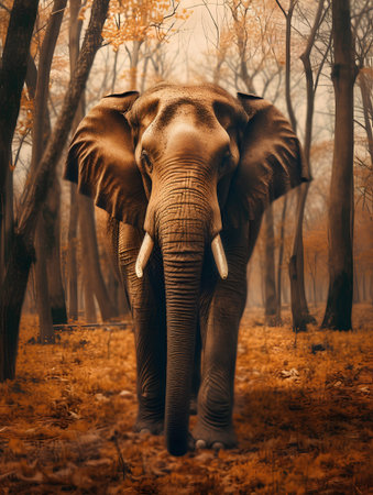 Elephant in the autumn forest. Vintage style toned picture.の素材