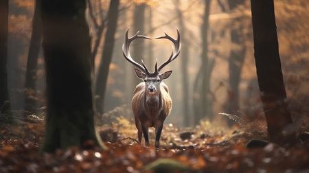 Beautiful red deer stag with big antlers in autumn forest.の素材