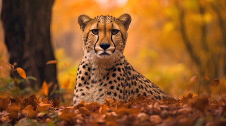 Beautiful cheetah lying in the autumn forest with fallen leavesの素材
