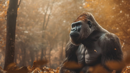 Portrait of a gorilla in the autumn forest. Studio shot.の素材