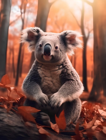 Cute koala sitting in the autumn forest. Conceptual imageの素材