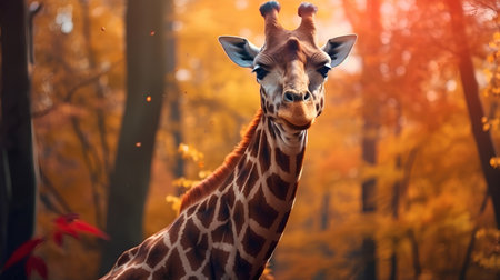 Giraffe in the autumn forest. Wildlife scene from Africa.の素材
