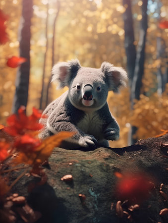 Cute koala sitting on a tree in the autumn forest.の素材